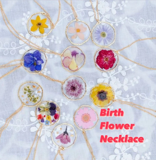 Personalized Birth Month Real Flower Necklace, Pressed Resin Pendant Gold Wedding Bridesmaid Birthday Gift, Gift For Her