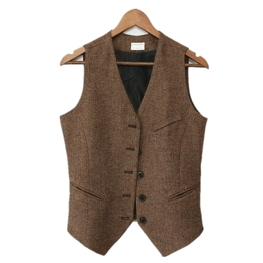 Women's Suit Vest Jacket V Neck Herringbone Woolen Blended Solid Coffee Short Vest Slim-Fitting For Formal Casual Clothing 2021 - coffee, s