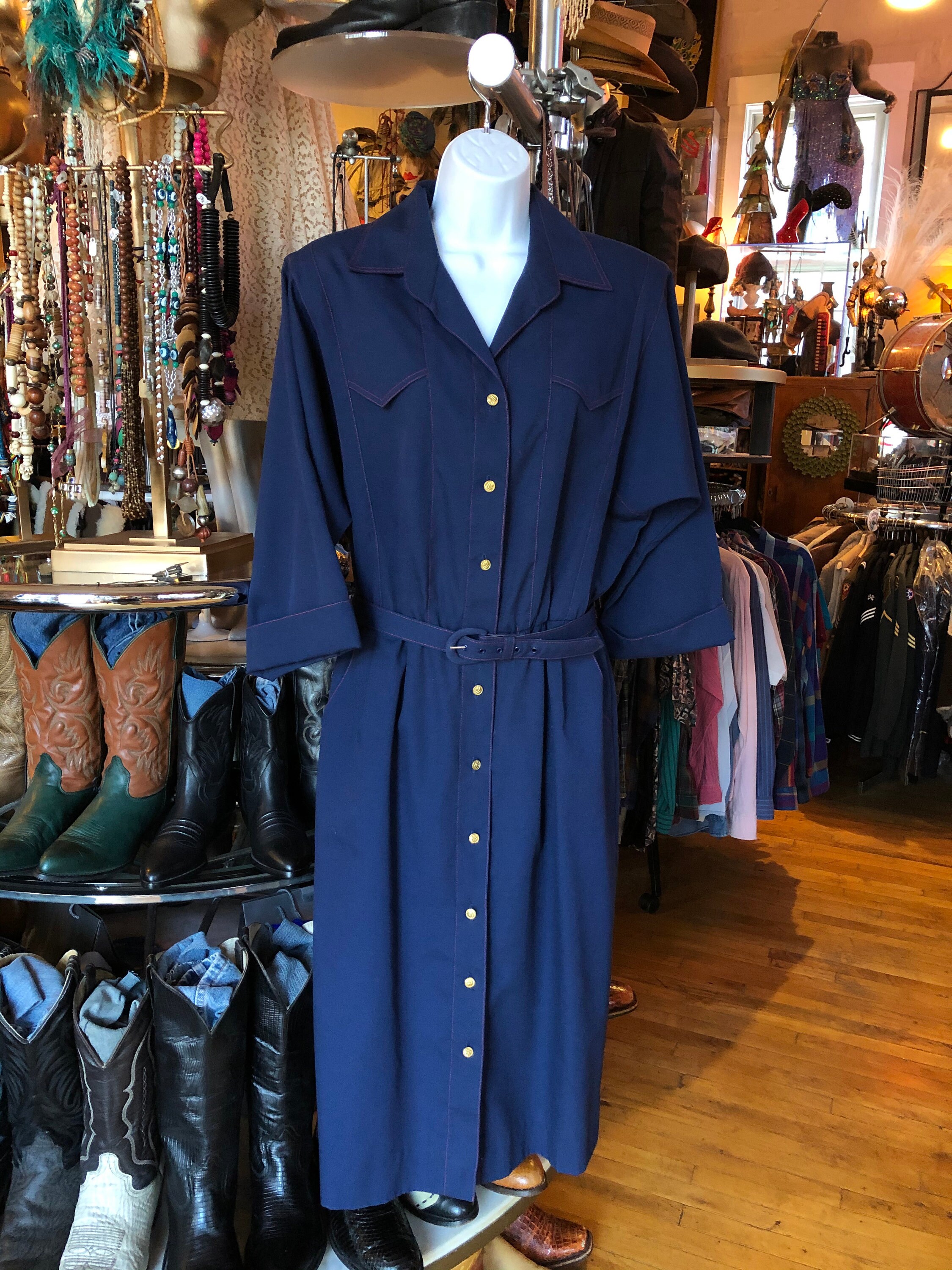 Retro Navy Poly & Cotton Blend Shirt Dress With Gold Plastic Buttons, Women's Size 16, Matching Belt
