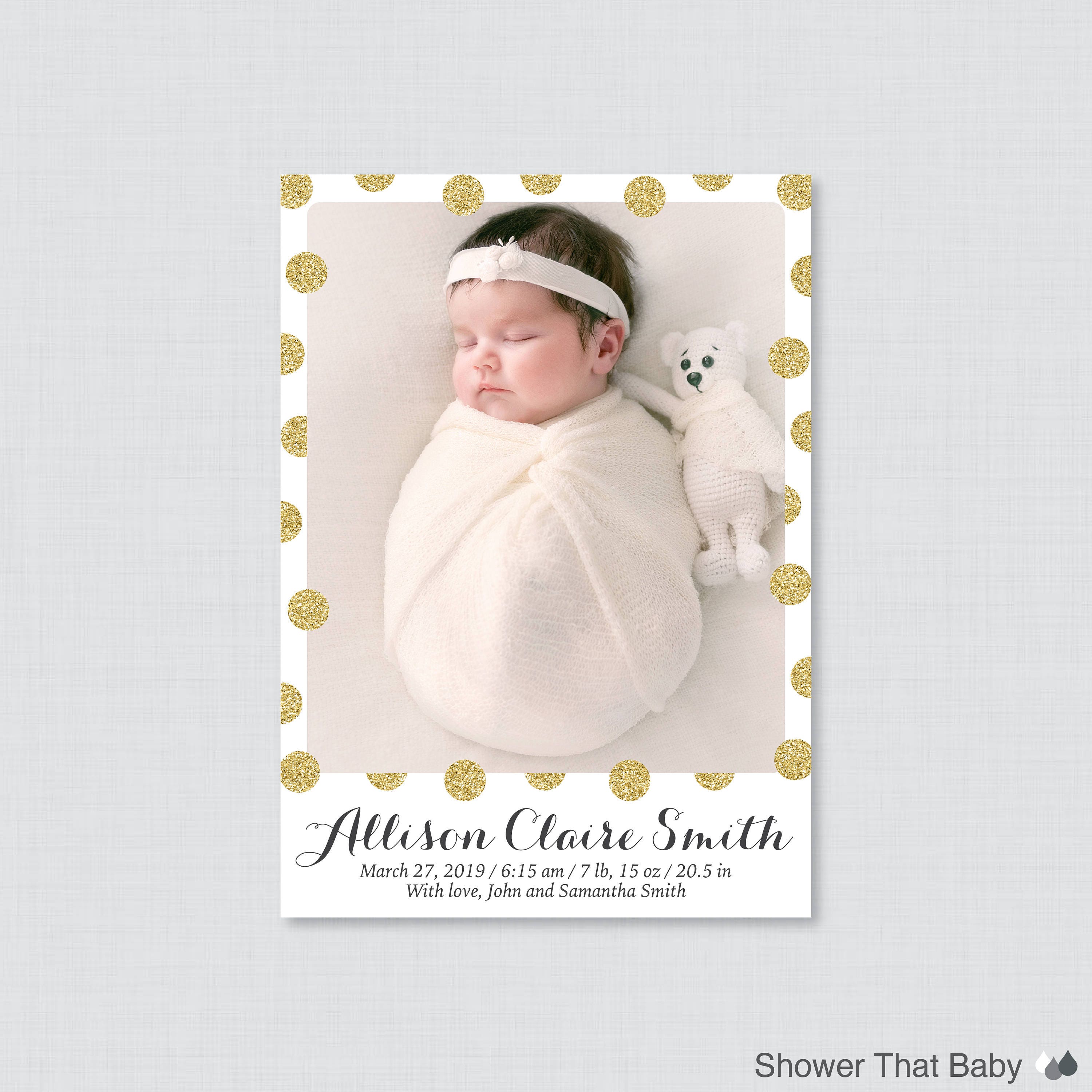 Printable Or Printed Gold Glitter Photo Birth Announcement Cards - Faux Announcements, & White Ba16