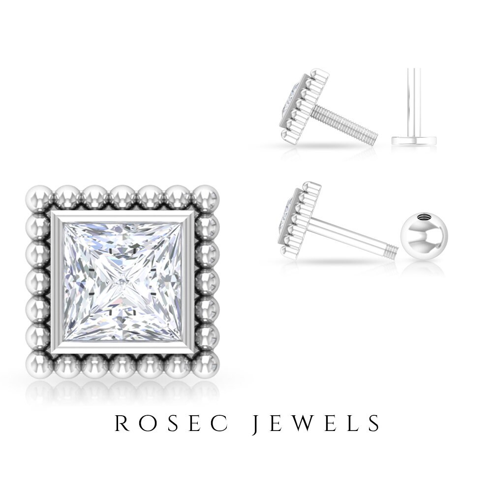 Princess Cut Diamond Earrings, Beaded Gold Piercing
