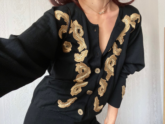 Vintage Black Gold Wool Blend Knit Blouse/ M - Petite Xl