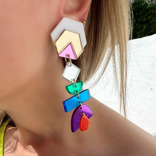 Multicolor Clip On Earrings, Dangle Long Asymmetric Non Pierced Ears, Gift For Her, Made in Greece