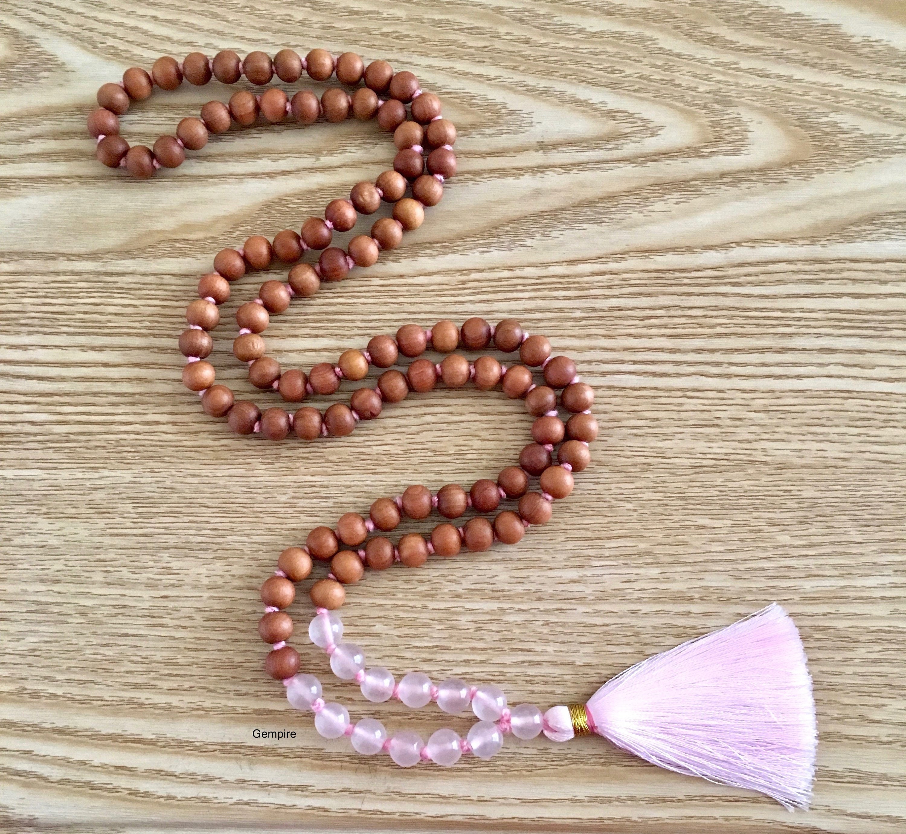 Sandalwood - Rose Quartz Mala Necklace 8 Mm, Necklace, Japa Beads, 108 Mala, Buddhist Prayer, Heart Chakra