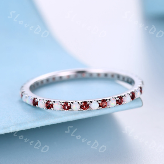Eternity Band, Opal Garnet Wedding Ring, White Gold, October Birthstone, Opal Band, Stacking Matching Band, Anniversary Ring, Gift For Her