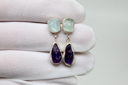 Raw Amethyst & Aquamarine Silver Earrings 925K Sterling Elegant Authentic Earring