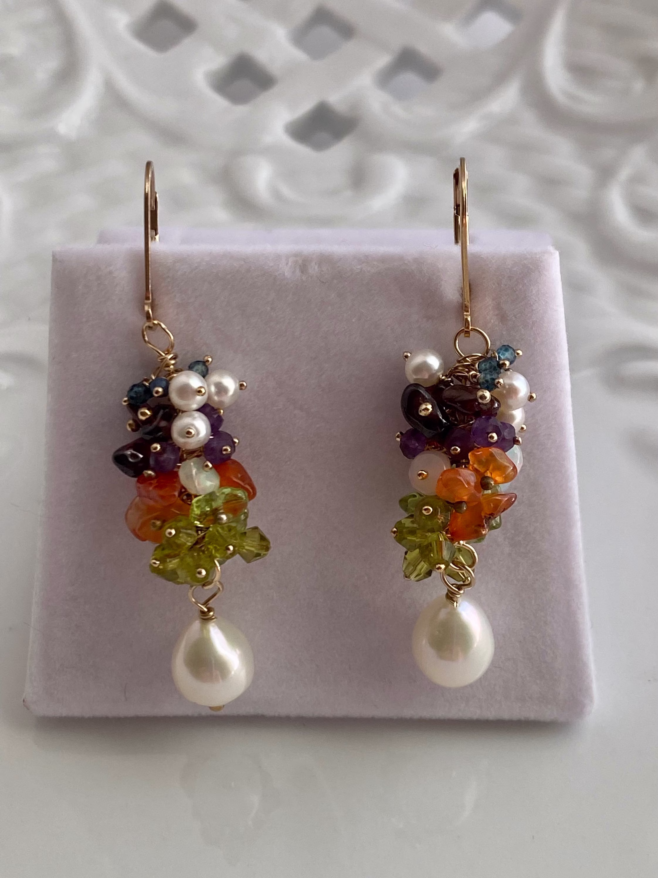 9mm Baroque Tear Drop Pearl Earrings, Peridots, Sapphires, Garnets, Topaz, Akoya Pearls On USA Gold Filled Lever Backs. Maine Lupine Memory