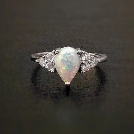 Vintage Fire Opal Ring, White Cabochon Ring With Diamond Stimulants, Promise Anniversary Gift, Engagement Silver