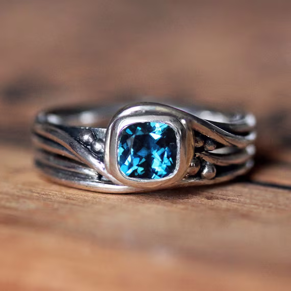 London Blue Topaz Engagement Ring Set, Alternative Ring, Bridal Unique Recycled Custom