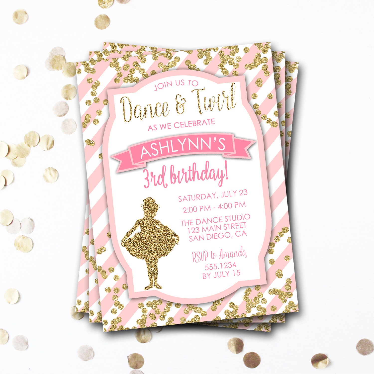 Ballet Birthday Invitation, Ballerina Tutu Pink & Gold Tutu, Invitation