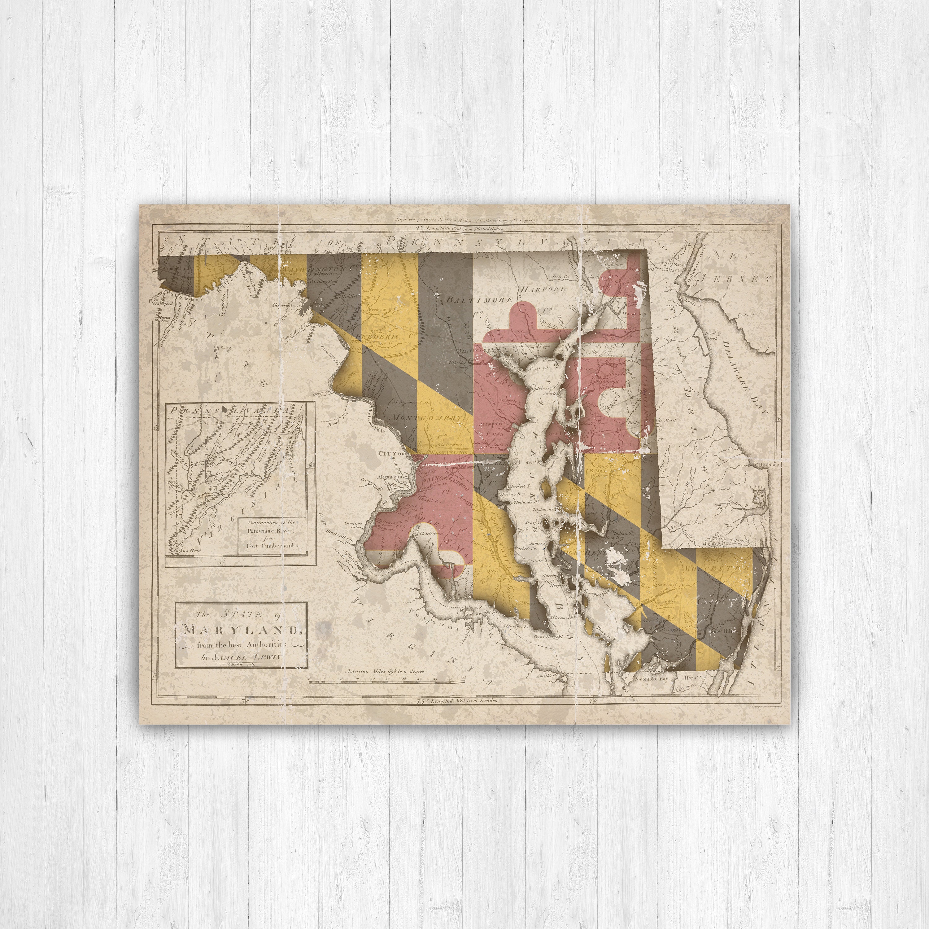 Maryland Vintage State Flag Map Print | Hanging Canvas Art Printed Marketplace