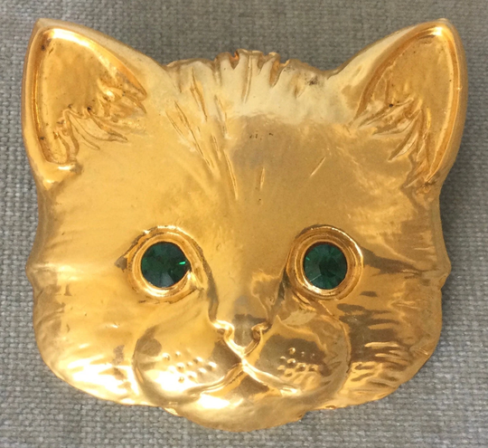 Most Adorable Kitty Cat Face Emerald Green Crystal Eyes 2 1/2" Huge Brooch Pin Pendant Vintage Designer Runway Couture Big Animal Statement