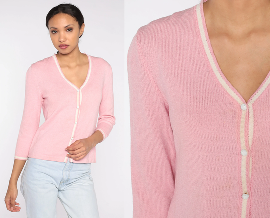 Baby Pink Cardigan 90S Wool Blend Button Up Sweater Pastel Spring Preppy Girly Kawaii Retro Vintage 1990S Small