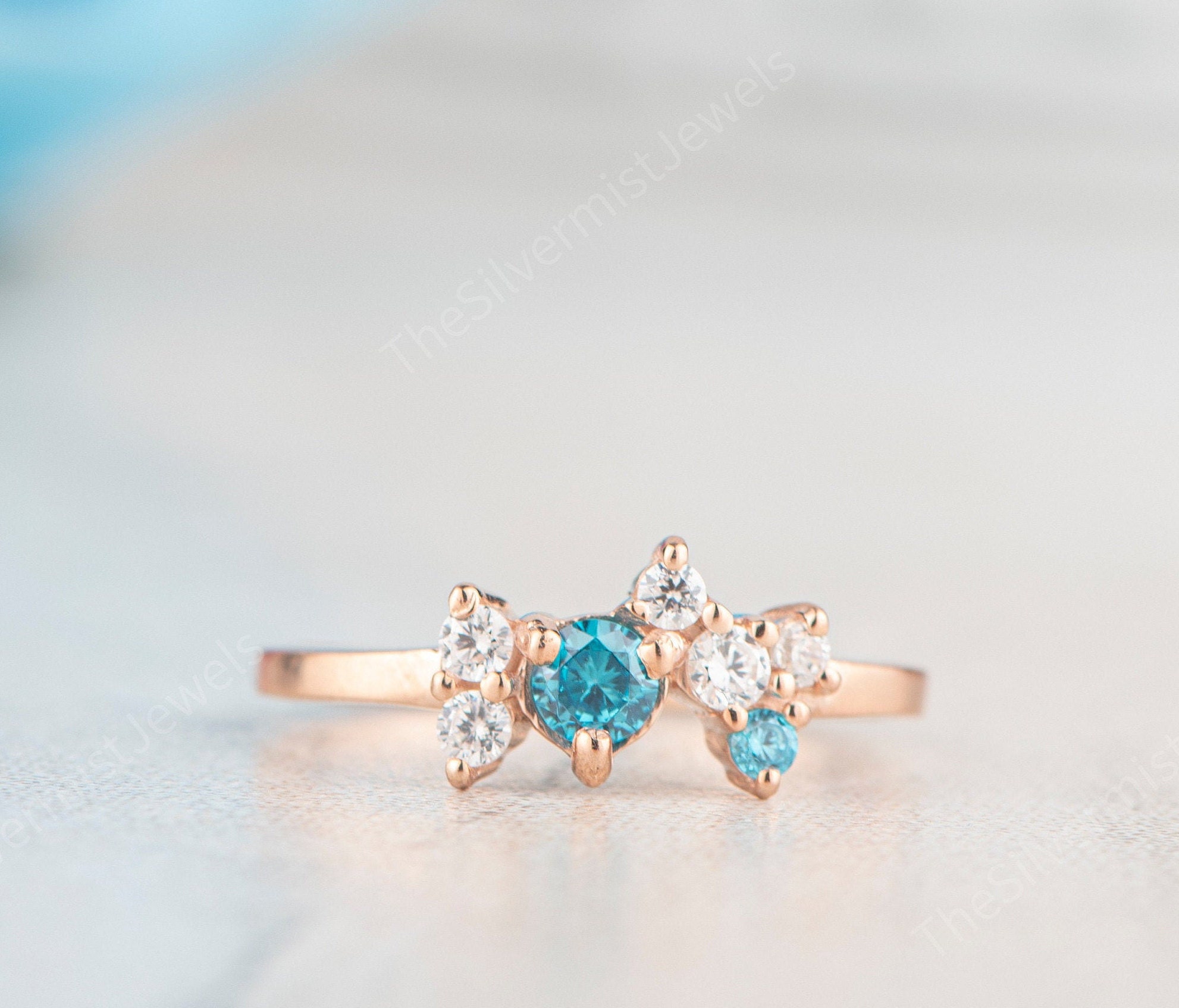 Blue Sapphire Wedding Band White Gemstone Ring 14K Yellow Gold Over 925 Sterling Silver Promise Dainty Daily Wear