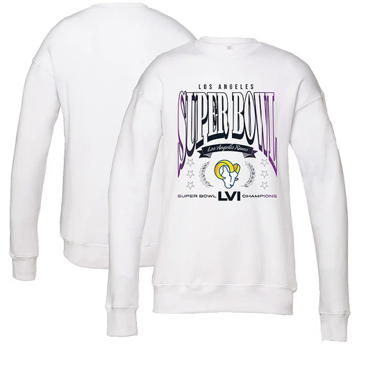 Women's WEAR by Erin Andrews White Los Angeles Rams Super Bowl LVI Champions We Are The Champs Pullover Sweatshirt, Size: Small