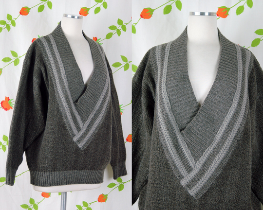1980S 1990S Grey V Neck Striped Wool Blend Knit Sweater // 80S 90S Cozy Pullover Italian