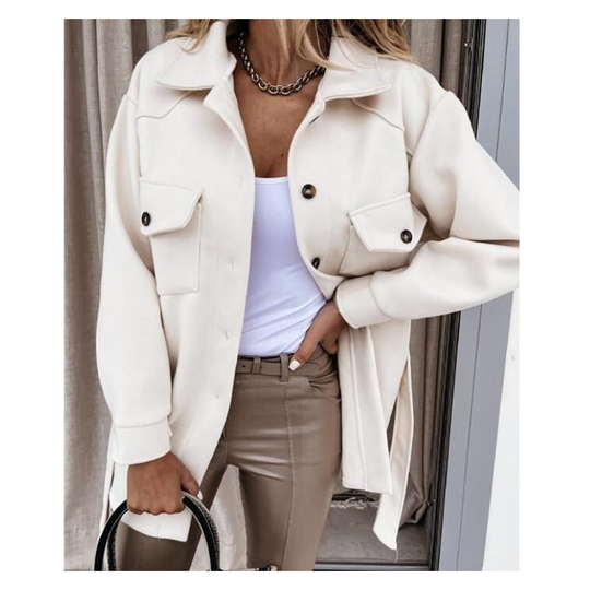 Turn Down Shawl Collar Wool Blend Coat - White, S