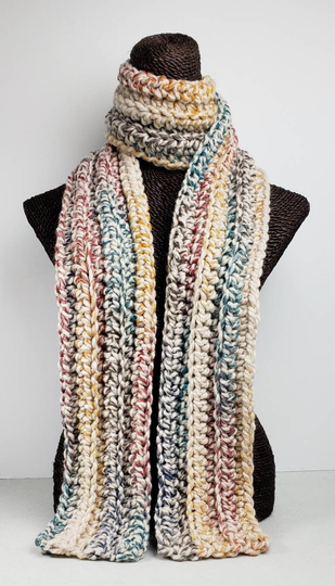 Chunky Wool Blend Crochet Winter Scarf - White & Multicolor