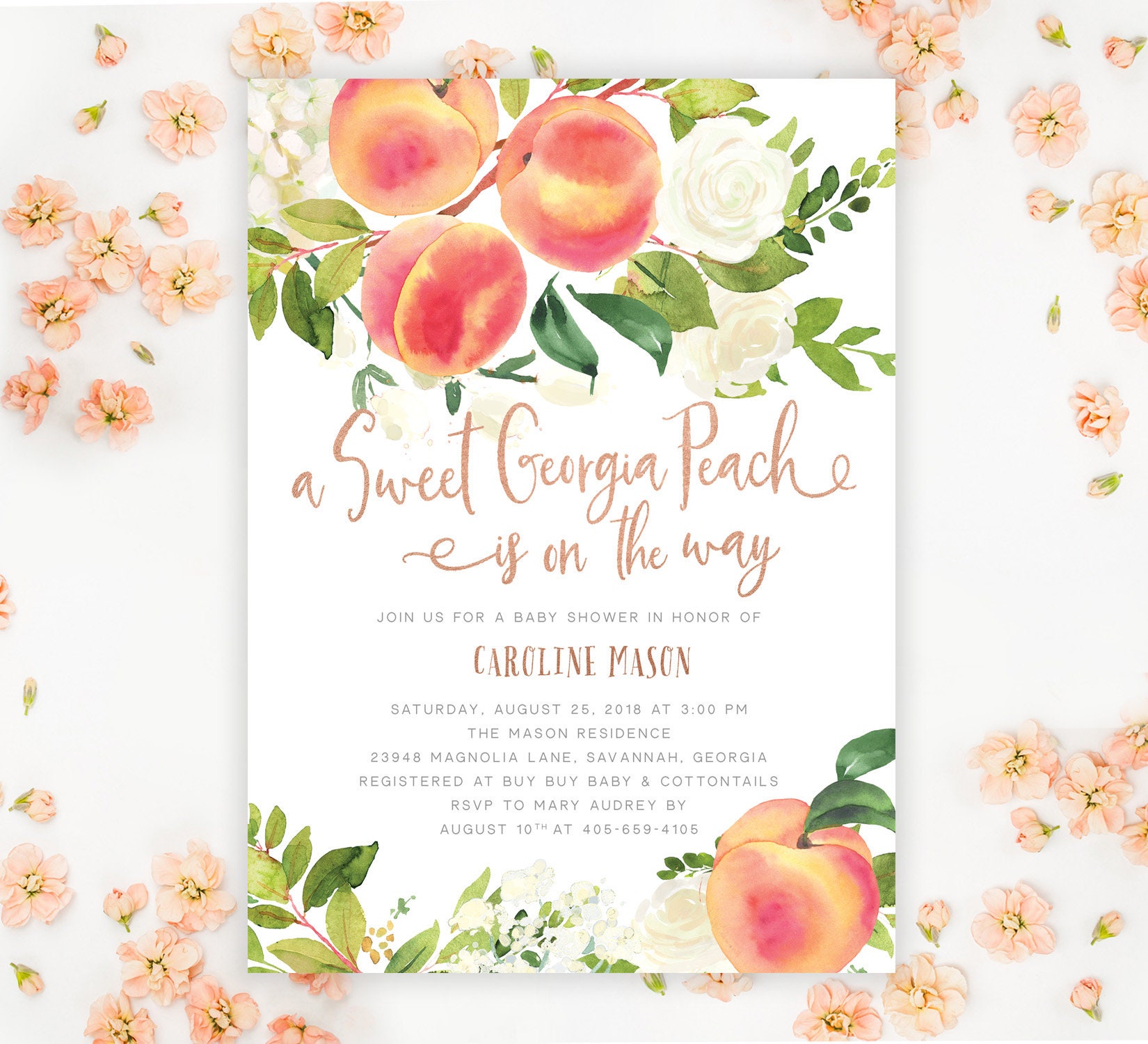 A Sweet Georgia Peach Baby Shower Invitation, Is On The Way Invite, Peaches Rose Gold