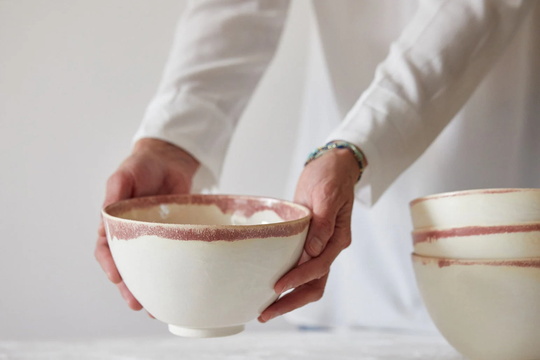 Set Of 2 Ceramic Cream & Terracotta Lip Large Deep Soup Bowls, Pottery Serving Bowls Set, Dinnerware Ramen Modern