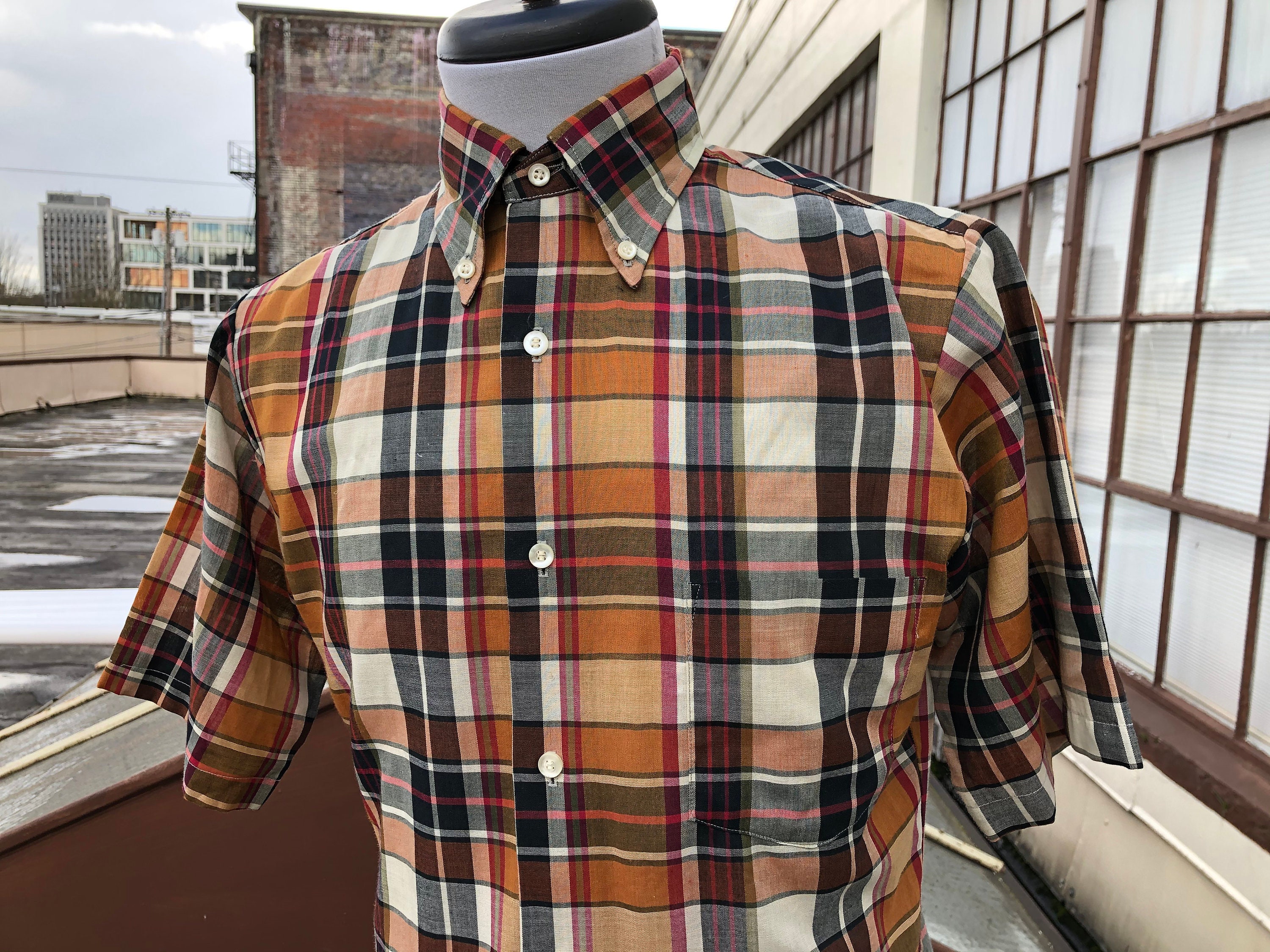 60S 70S Penneys Lightweight Cotton Blend Short Sleeve Rustic Plaid Oxford Shirt Vintage Size S Mens Unisex 1960S 1970S