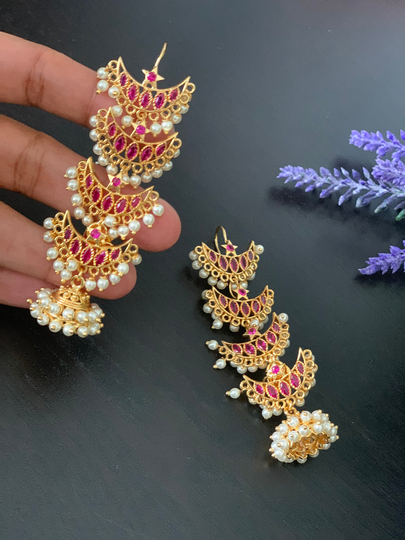 Gold Finished Ruby Pearl Jhumkas With Ear Chain /Women Jhumkis/Bridal Earrings Temple Jhumka