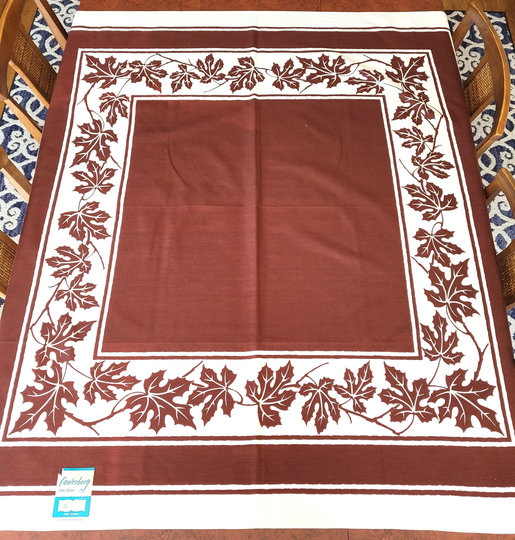Canterbury Maple Leaf Tablecloth 52" Sq, Deep Chocolate Brown On Off-White Cotton Rayon Blend, Unused, Paper Label, Excellent Vintage Condtn