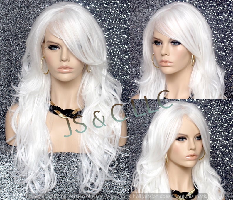 White Human Hair Blend Long Bangs Layered With Natural Wavy Texture Side Parting Cancer/Alopecia/Cosplay/Threatrical/Anime/Emo