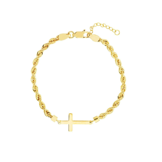 Religious Center Cross Adjustable Rope Bracelet Real 14K Yellow Gold Up To 7.25"
