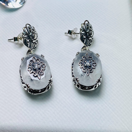 Frosted Camphor Earrings Sterling Silver/ White Cz, Moissanite, Diamond Embellishment Dangle Edwardian Filigree [Made To Order]Design#70E