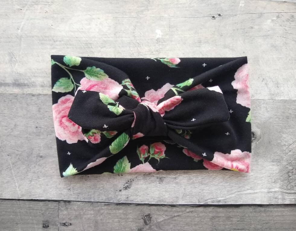 Signature Knotted Headband in Black With Pink Florals For Women - Mommy & Baby Matching Me Headbands Top Knot Headwrap
