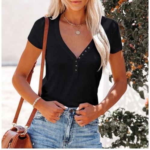 V Neck Blend Henley Short Sleeve Ribbed Knit Tee Tops - Black, L