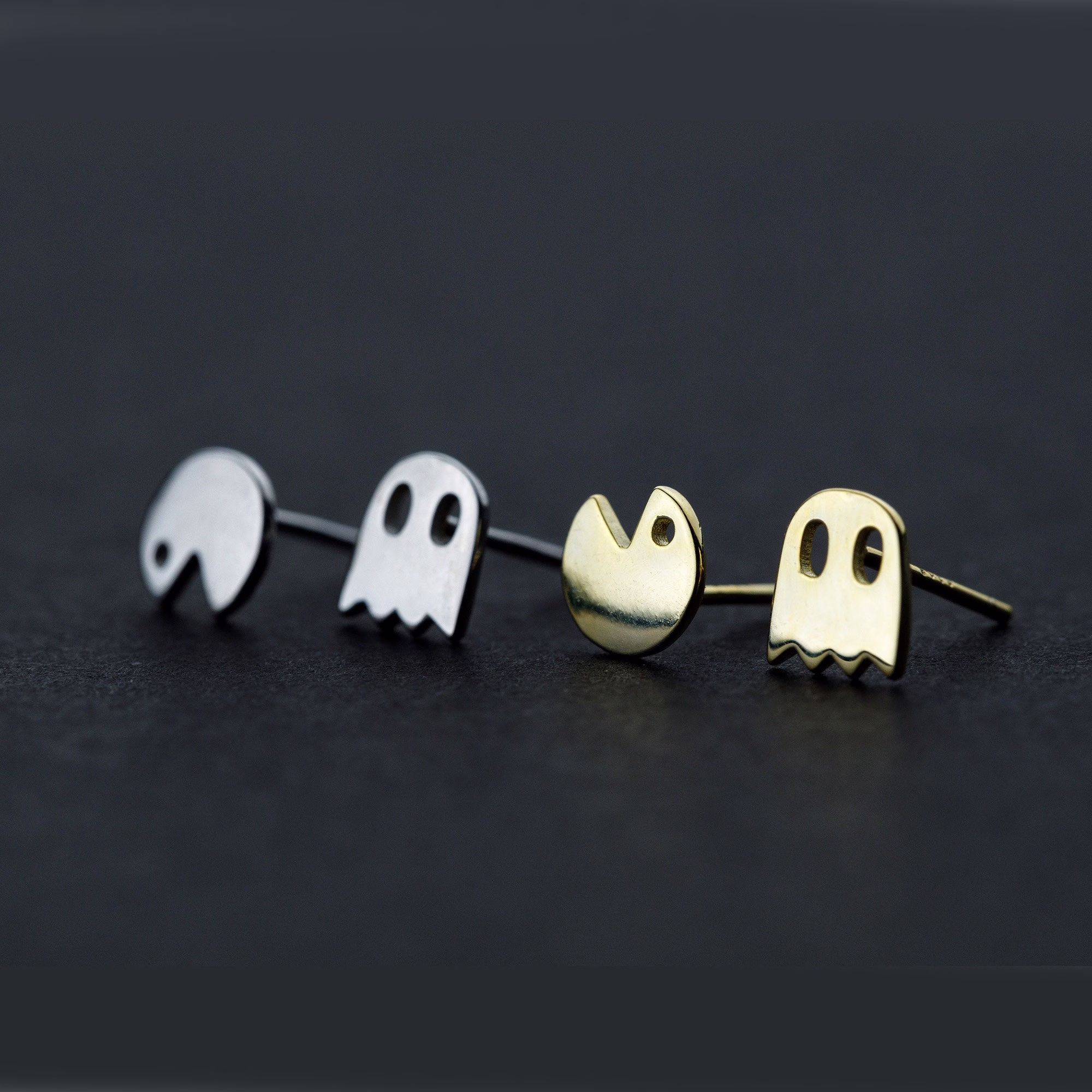 925 Sterling Silver Pac Man Stud Earrings, Cute Tiny Eating Ghost Girl Everyday Earrings
