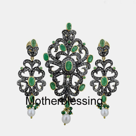 Christmas Sale Natural Rosecut Diamond Uncut Emerald & Pearl Solid 925 Sterling Silver Vintage Victorian Earring Pendant Set Jewelry