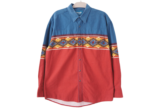 Vintage Wrangler Shirt Size L/xl Blue/Red Denim Western Style 90S Snap Buttons