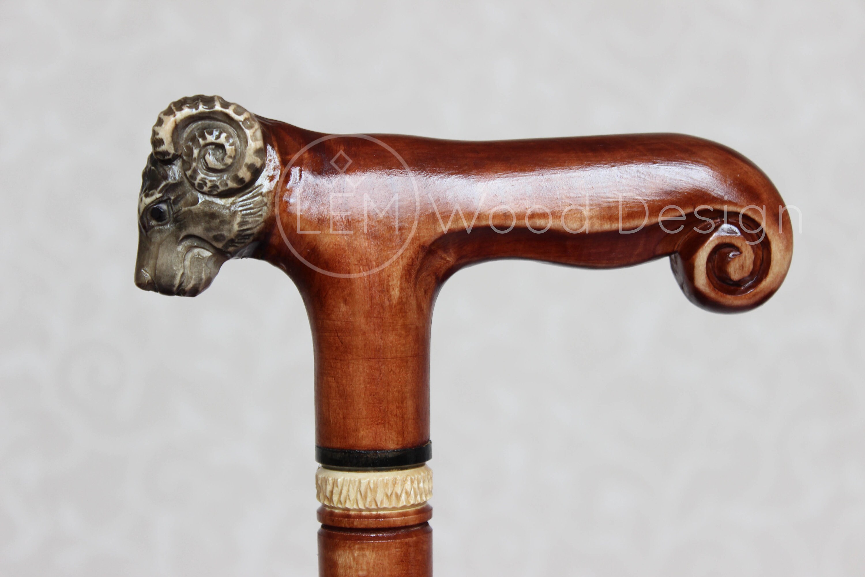 Women Walking Stick Ram Carved Handle Elegant Cane Wood Craft Hiking Handmade Wooden Walking