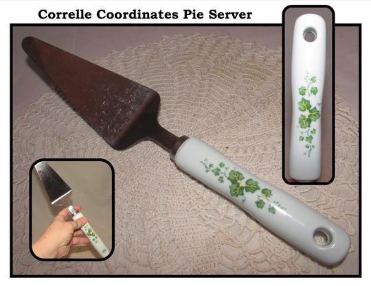 Vintage Stainless Steel Pie Server Spatula with Heavy Plastic Handle Decorated Green Ivy By Correlle Coordinates