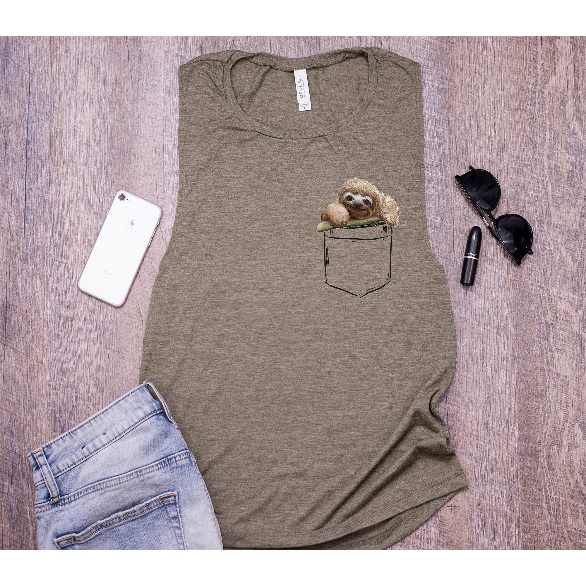 Womens Tank Top Sloth Pocket Design Cute Gift For Lovers