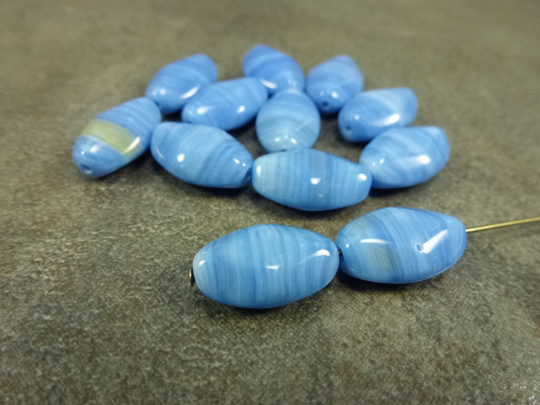 10Pc Blue Stripe Blend Czech Glass Diamond Oval Beads, 15x9mm Pressed