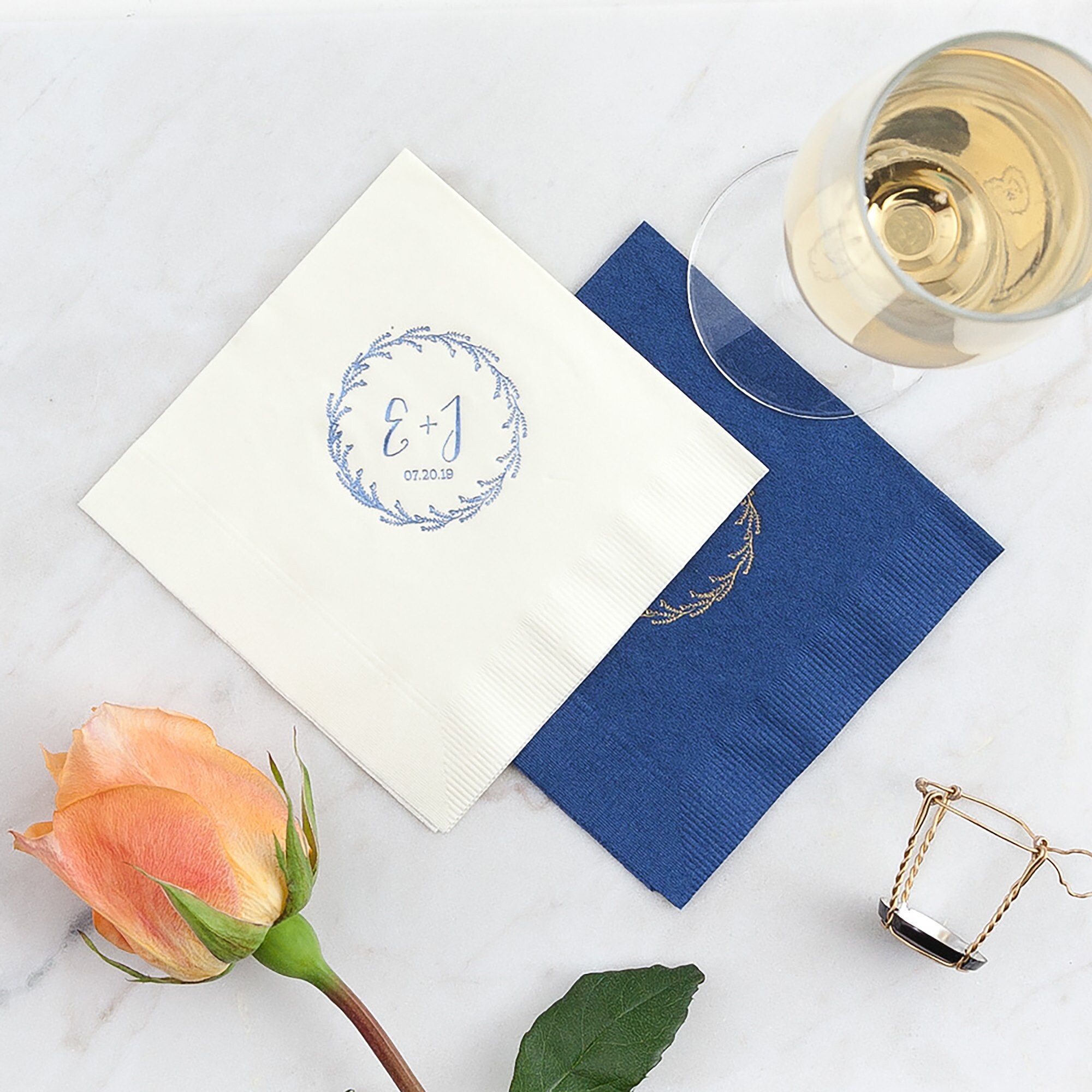 Wedding Napkins Custom Initials With Delicate Budding Wreath - Napkins, Decor, Foil Stamped Reception Decoration