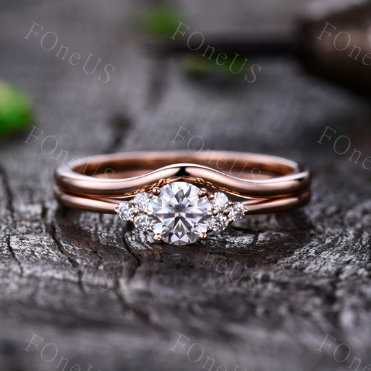 Dainty Moissanite Engagement Ring Set Rose Gold Round Cut Moissanite Wedding Curved Plain Stacking Band Delicate Bridal Promise