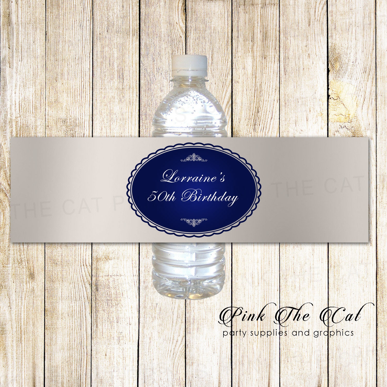 Grey & Blue Birthday Party Labels, Water Bottle Labels Silver Royal Printable Template