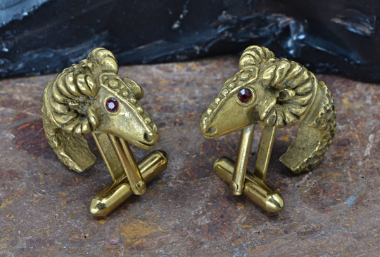 Vintage Large Ram Head Red Rhinestone Eyes Cufflinks | Astrological Aries Gold Wash Over Copper