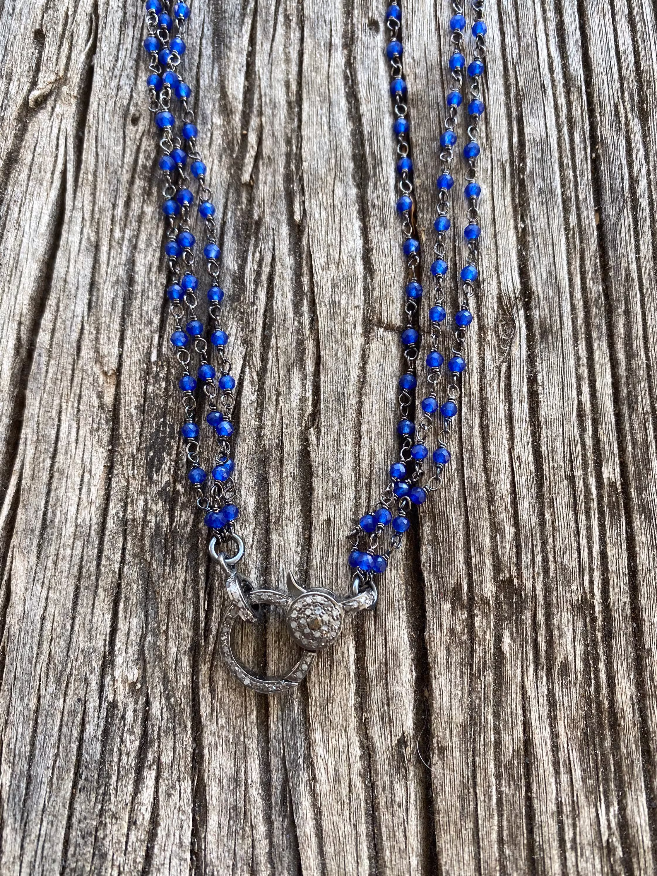 Blue Chalcedony Three Strand Beaded Necklace With Pave Diamond Clasp