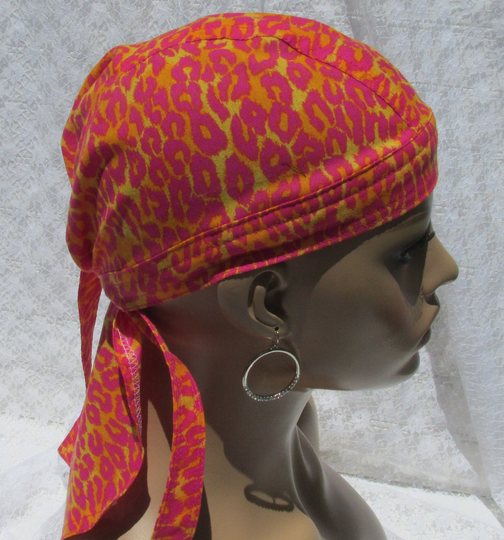 Pink Animal Print Skull Cap, Doo Rag, Chemo Hat, Hair Loss Hat. With A Built in Terry Cloth Sweat Band. Handmade The Usa