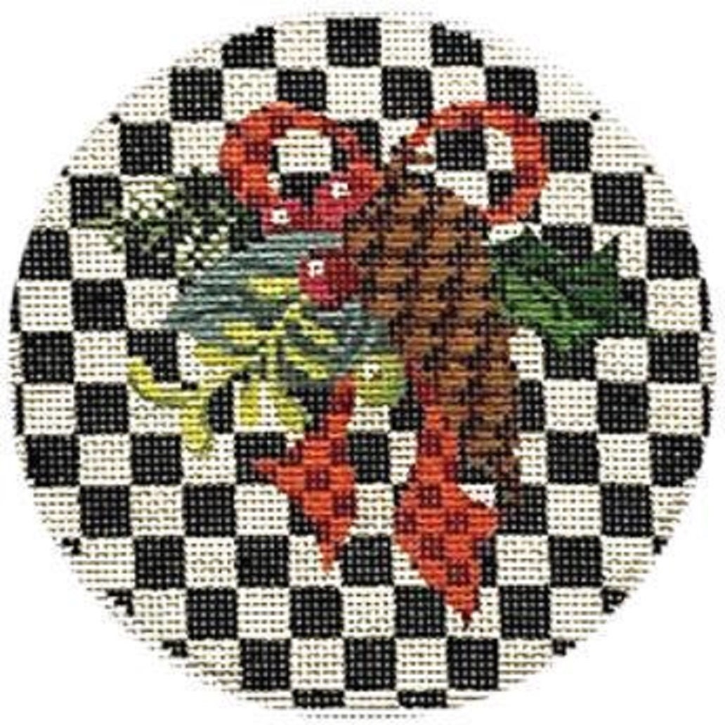 Needlepoint Handpainted Kelly Clark Christmas Black White Pinecone Holiday 4.5 -Free Us Shipping