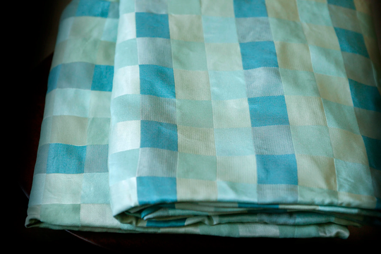 Turqoise Beige Seafoam Green Blue Checked Color Block Fabric - Midcentury Vintage Synthetic Cotton Blend