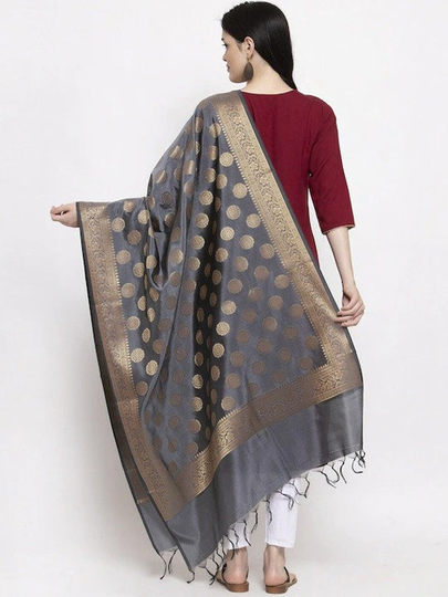 Women's Silk Blend Grey & Gold-Toned Woven Design Banarasi Dupatta Free Shipping