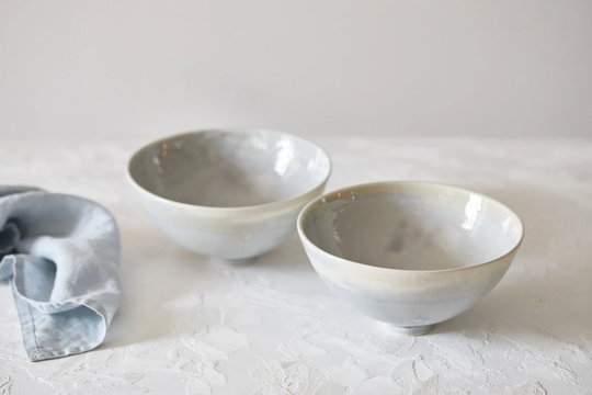 Two Ceramic Ramen Bowls, Gray Pottery Bowls Set, Modern Footed Bowl, Salad Serving Japanese Design Noodles Unique Holiday Gift