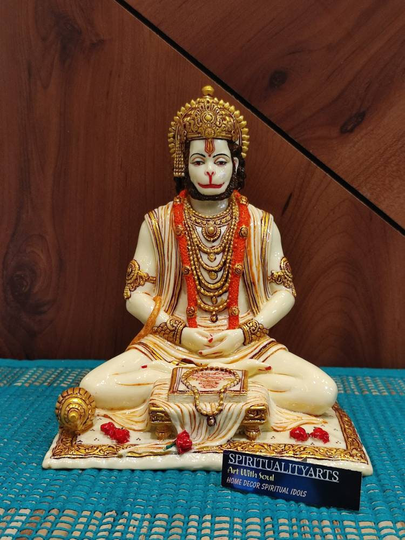 Hanuman Statue - Lord For Altar Decor in Marble Finish Bajrangbali Ram Bhakt/8.1" Inches Sitting Hindu God